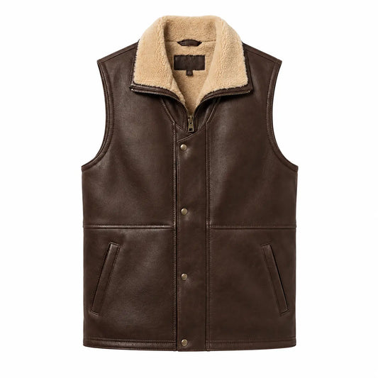 Men’s Chocolate Brown Shearling Leather Vest front view featuring rich dark brown leather, plush cream shearling collar, zipper, and snap placket closure   