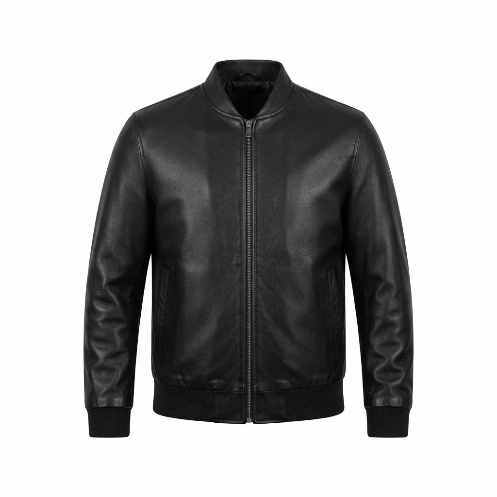 Men’s Classic Black Lambskin Leather Bomber Jacket front view featuring soft black lambskin, full-zip front, slanted pockets, and ribbed trim   