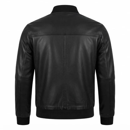 Men’s Classic Black Lambskin Leather Bomber Jacket front view featuring soft black lambskin, full-zip front, slanted pockets, and ribbed trim   