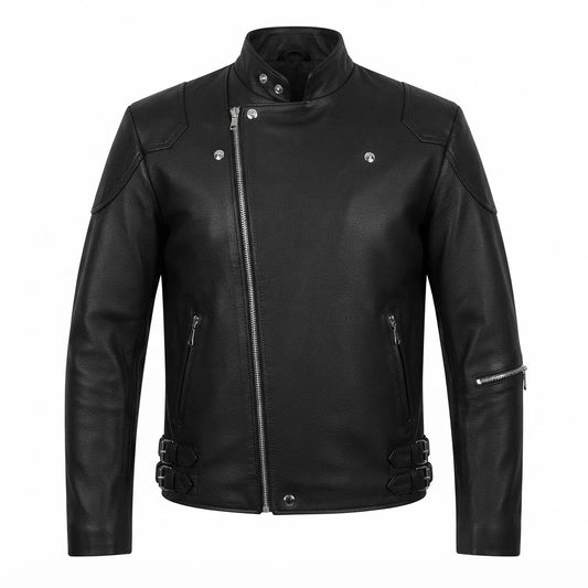 Men’s Classic Black Leather Biker Jacket front view featuring genuine black leather, asymmetric front zip, mandarin collar, and adjustable waist buckles