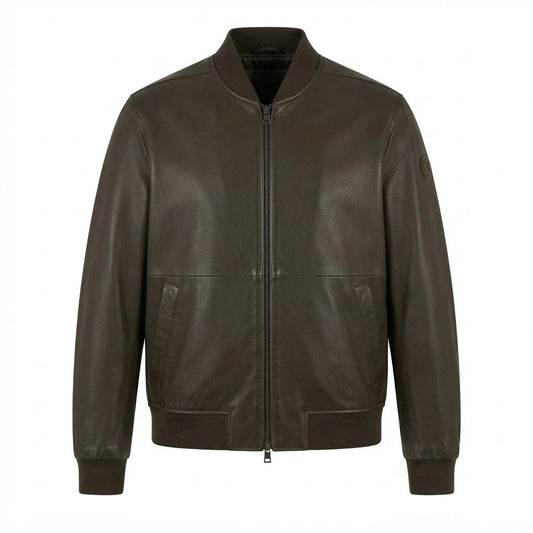 Men’s Classic Bomber Leather Jacket front view featuring rich brown genuine leather, full-zip front, slanted pockets, and ribbed trim   