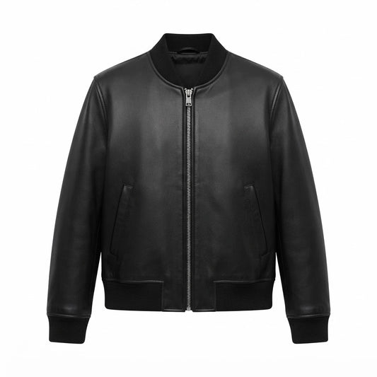 Men’s Classic Bomber Leather Jacket front view featuring rich brown genuine leather, full-zip front, slanted pockets, and ribbed trim   