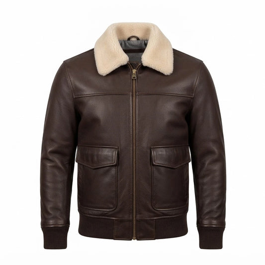 Men’s Classic Brown Aviator Sheepskin Bomber Jacket front view featuring genuine brown leather, cream sheepskin collar, dual patch pockets, and ribbed trim   