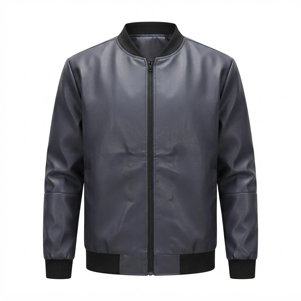 Men’s Classic Leather Bomber Jacket front view featuring genuine leather, rib-knit collar, full metal zip closure, and ribbed trim   