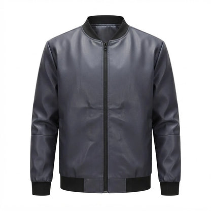 Men’s Classic Leather Bomber Jacket front view featuring genuine leather, rib-knit collar, full metal zip closure, and ribbed trim   