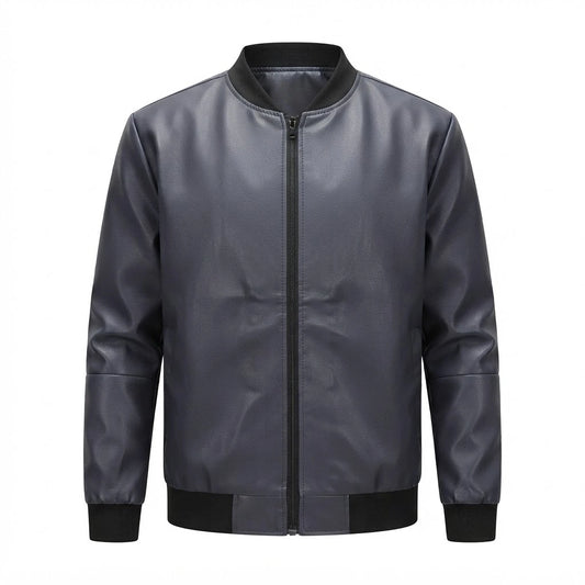 Men’s Classic Leather Bomber Jacket front view featuring genuine leather, rib-knit collar, full metal zip closure, and ribbed trim   