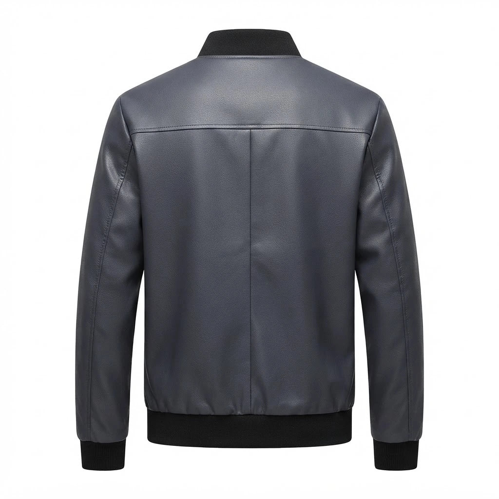 Men’s Classic Leather Bomber Jacket front view featuring genuine leather, rib-knit collar, full metal zip closure, and ribbed trim   