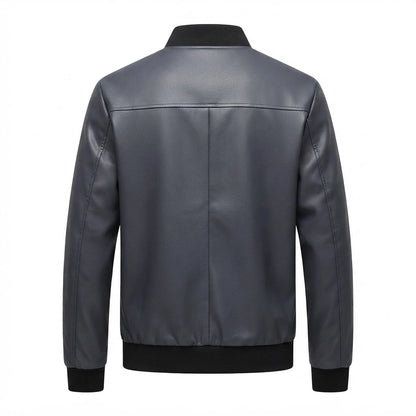Men’s Classic Leather Bomber Jacket front view featuring genuine leather, rib-knit collar, full metal zip closure, and ribbed trim   