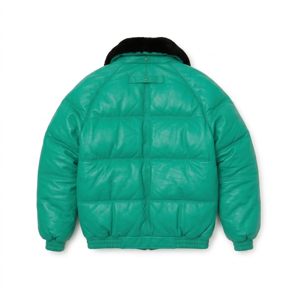 Men’s Classic V-Style Leather Bomber Jacket in green with black fur collar 