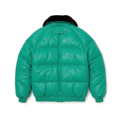 Men’s Classic V-Style Leather Bomber Jacket in green with black fur collar 