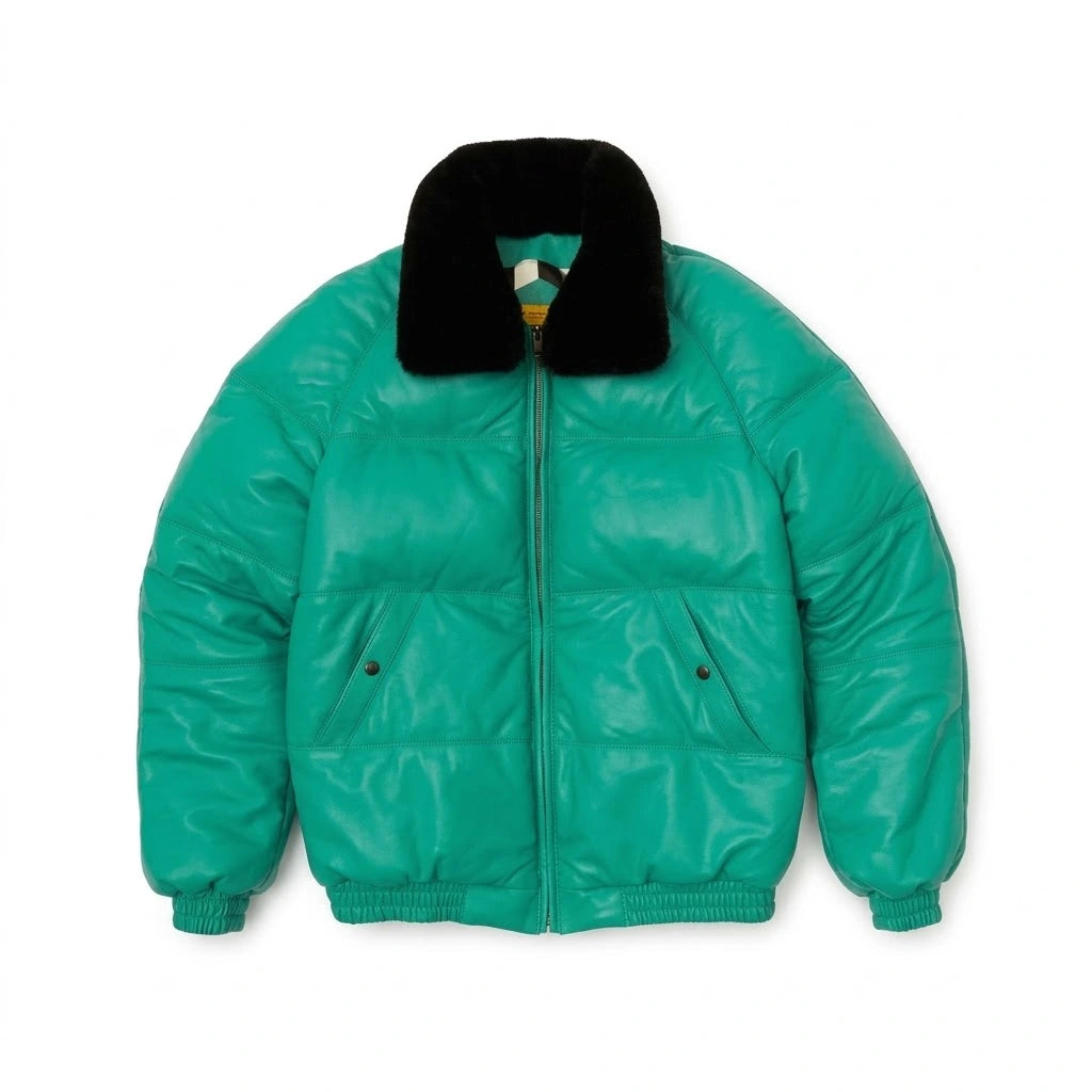 Men’s Classic V-Style Leather Bomber Jacket in green with black fur collar 