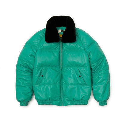 Men’s Classic V-Style Leather Bomber Jacket in green with black fur collar 