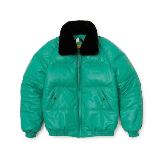Men’s Classic V-Style Leather Bomber Jacket in green with black fur collar 