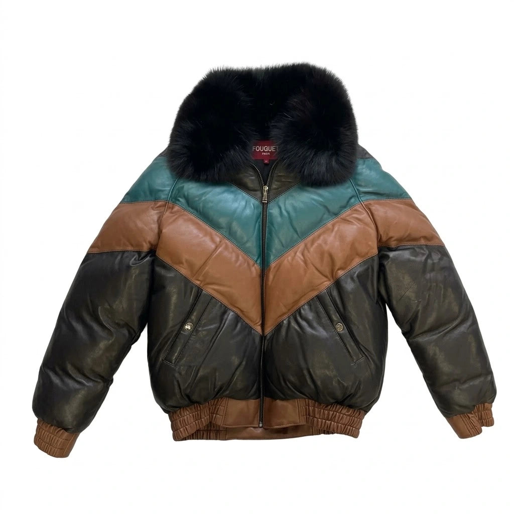 Men’s Colorblock V Bomber Leather Jacket with black fur collar 