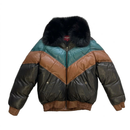 Men’s Colorblock V Bomber Leather Jacket with black fur collar 