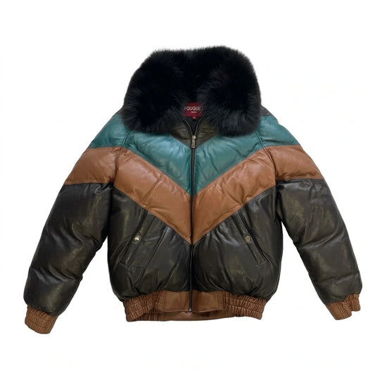 Men’s Colorblock V Bomber Leather Jacket with black fur collar 
