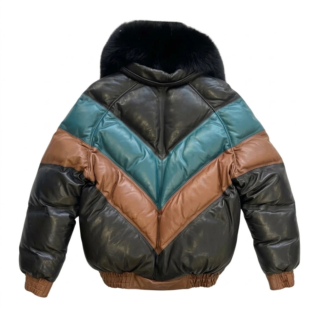 Men’s Colorblock V Bomber Leather Jacket with black fur collar 