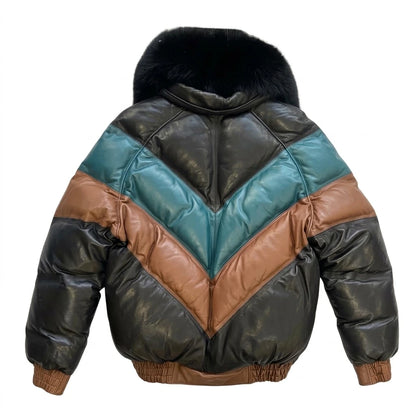 Men’s Colorblock V Bomber Leather Jacket with black fur collar 