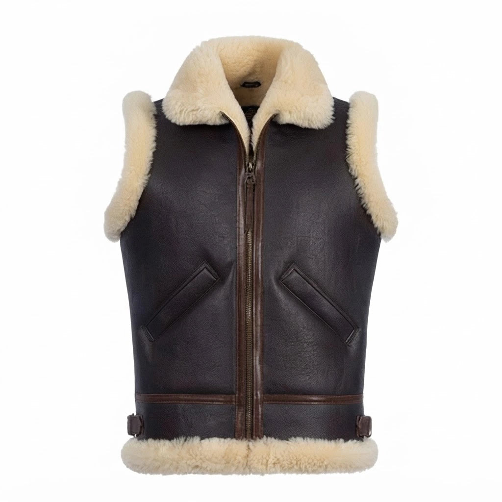Men’s Dark Brown Leather Shearling Vest front view featuring rich dark brown genuine leather, contrast cream shearling collar, and metal zip closure