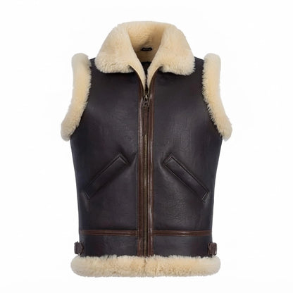 Men’s Dark Brown Leather Shearling Vest front view featuring rich dark brown genuine leather, contrast cream shearling collar, and metal zip closure
