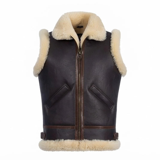 Men’s Dark Brown Leather Shearling Vest front view featuring rich dark brown genuine leather, contrast cream shearling collar, and metal zip closure