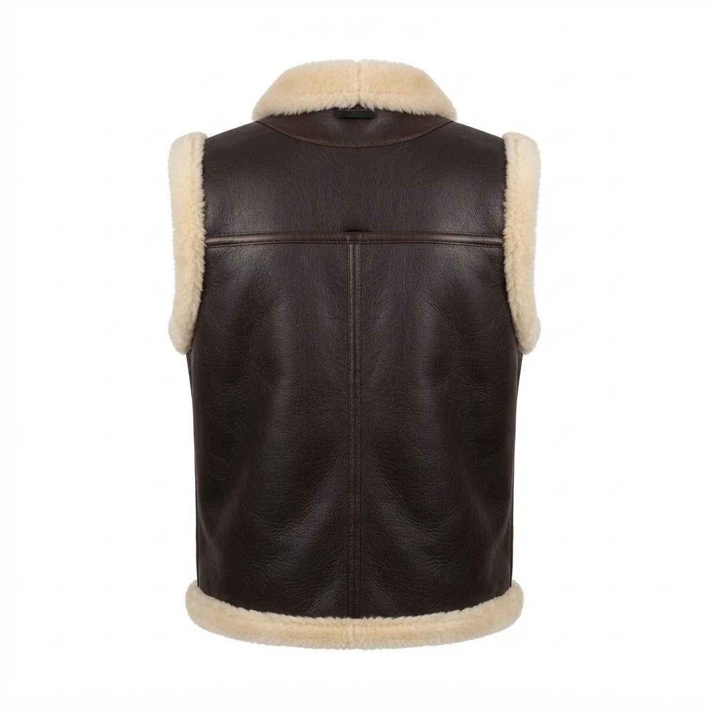 Men’s Dark Brown Leather Shearling Vest front view featuring rich dark brown genuine leather, contrast cream shearling collar, and metal zip closure