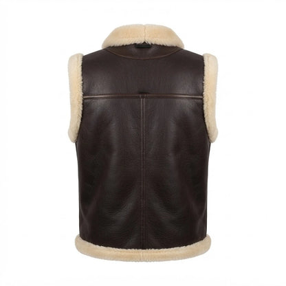 Men’s Dark Brown Leather Shearling Vest front view featuring rich dark brown genuine leather, contrast cream shearling collar, and metal zip closure