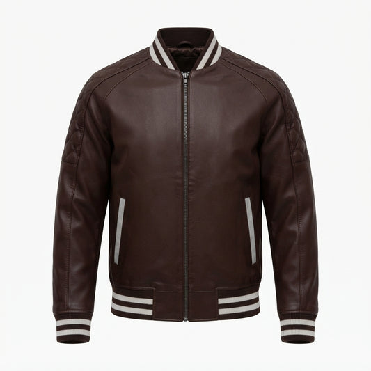 Men's dark brown Leather Varsity Jacket front view with full-zip front, quilted sleeve panels, and striped ribbing