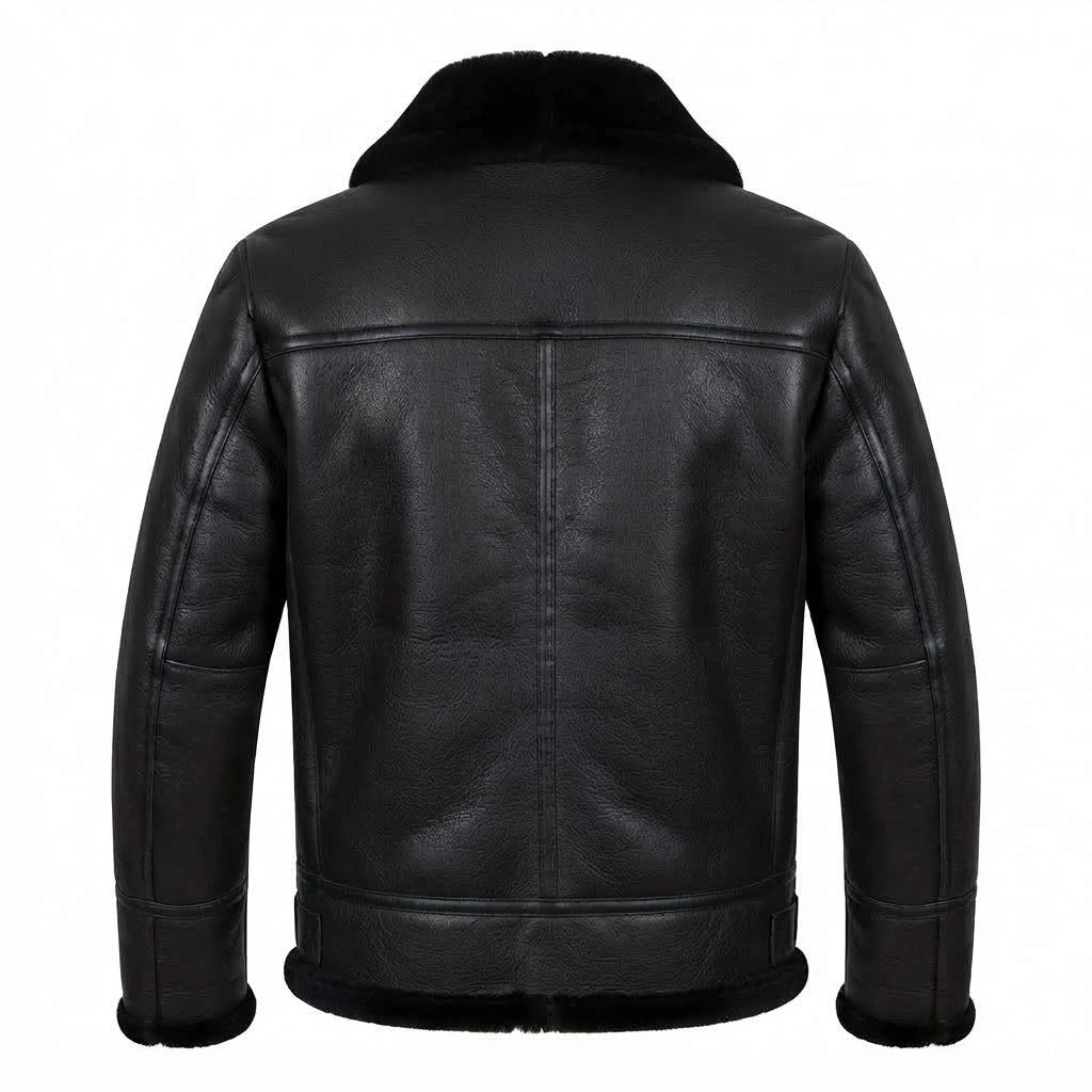 Men’s Dark Brown Shearling Aviator Bomber Jacket front view featuring genuine dark leather, asymmetric zip, and plush black shearling lapel   