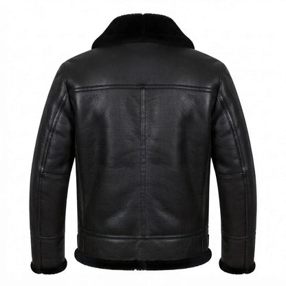 Men’s Dark Brown Shearling Aviator Bomber Jacket front view featuring genuine dark leather, asymmetric zip, and plush black shearling lapel   
