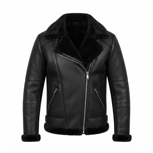Men’s Dark Brown Shearling Aviator Bomber Jacket front view featuring genuine dark leather, asymmetric zip, and plush black shearling lapel   
