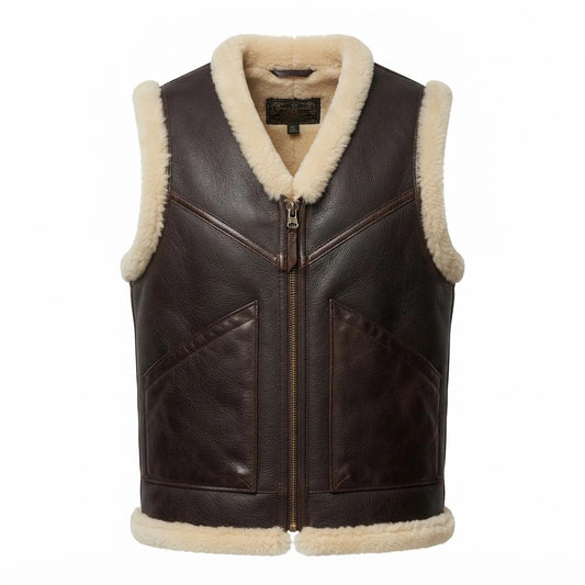 Men’s Dark Brown Shearling Leather Vest front view featuring rich dark brown genuine leather, contrast cream shearling V-neck trim, and metal zip closure