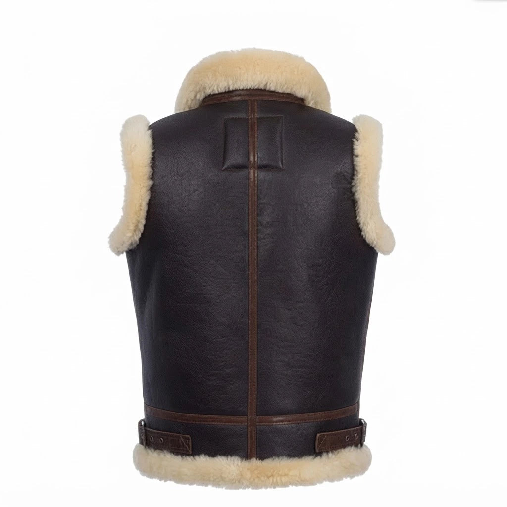 Men’s Dark Brown Shearling Leather Vest front view featuring rich dark brown genuine leather, contrast cream shearling V-neck trim, and metal zip closure