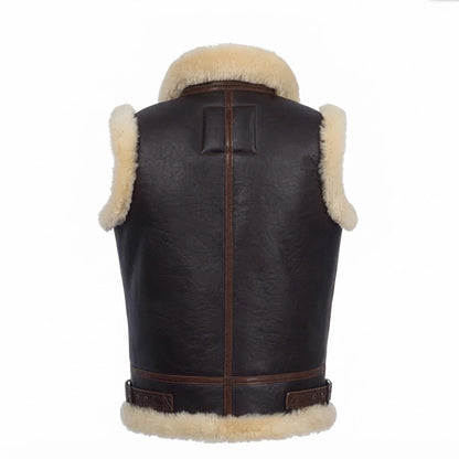 Men’s Dark Brown Shearling Leather Vest front view featuring rich dark brown genuine leather, contrast cream shearling V-neck trim, and metal zip closure