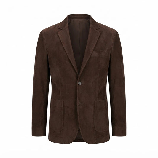 Men’s Dark Brown Suede Blazer front view featuring genuine dark brown suede, notch lapel, single-button closure, and lower patch pockets   