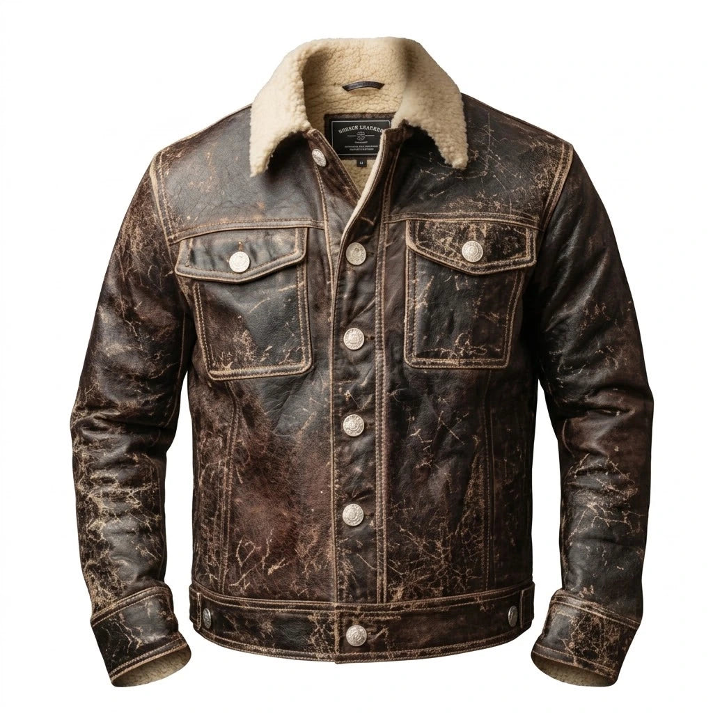 Men’s Distressed Brown Leather Shearling Jacket front view with cream fleece collar and button closure