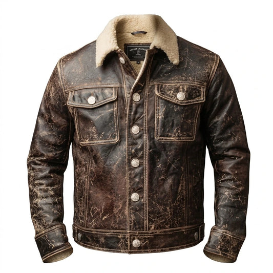 Men’s Distressed Brown Leather Shearling Jacket front view with cream fleece collar and button closure