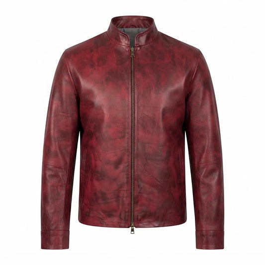 Men’s Distressed Burgundy Biker Leather Jacket front view featuring genuine distressed burgundy leather, mandarin snap collar, front zip, and side zip pockets