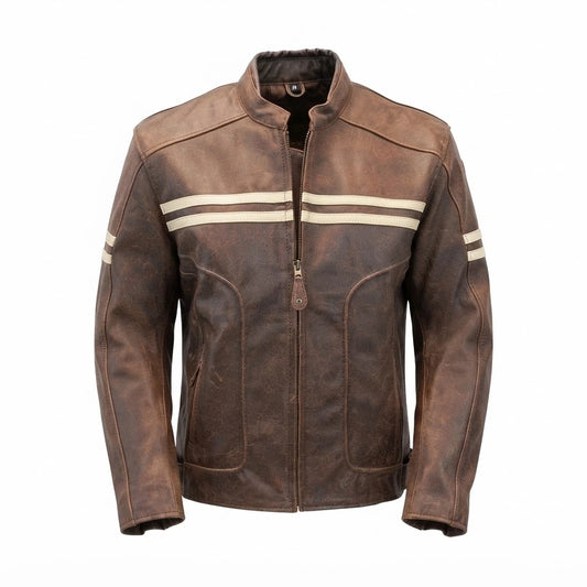 Men’s Double Stripe Leather Biker Jacket front view with snap-tab collar and contrast chest stripes