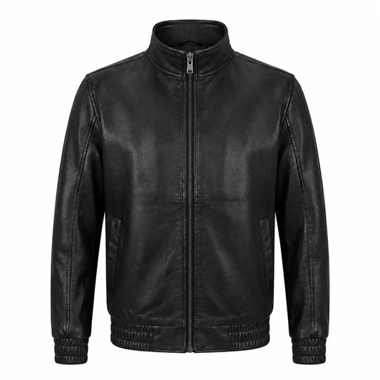 Men’s Elasticated Self-Band Leather Bomber Jacket front view featuring genuine black leather, stand collar, full metal zip closure, and elastic trim   