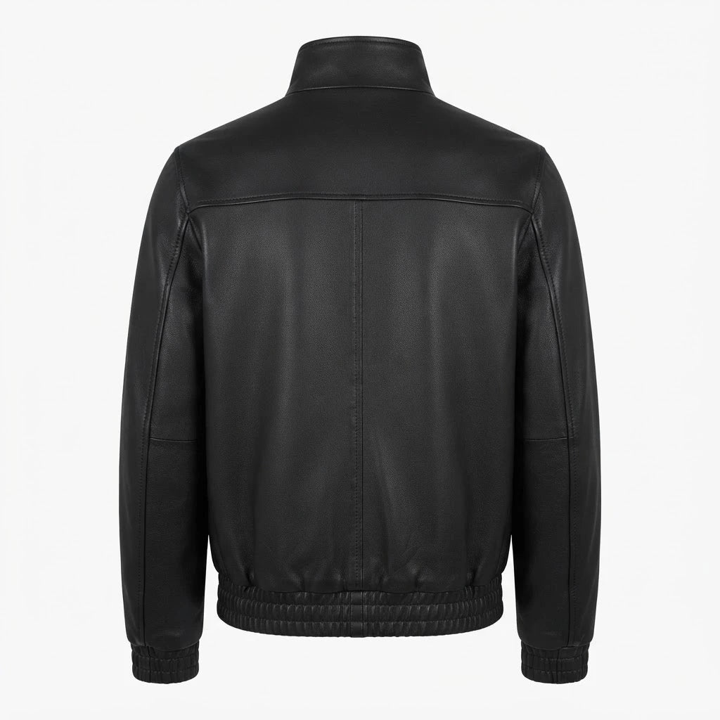Men’s Elasticated Self-Band Leather Bomber Jacket front view featuring genuine black leather, stand collar, full metal zip closure, and elastic trim   