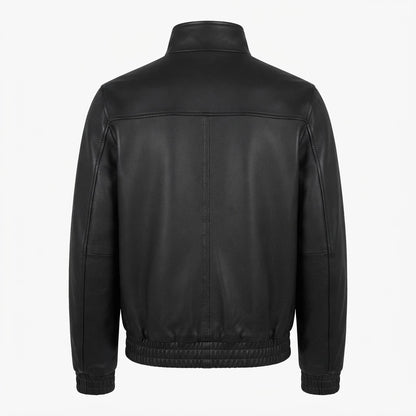 Men’s Elasticated Self-Band Leather Bomber Jacket front view featuring genuine black leather, stand collar, full metal zip closure, and elastic trim   