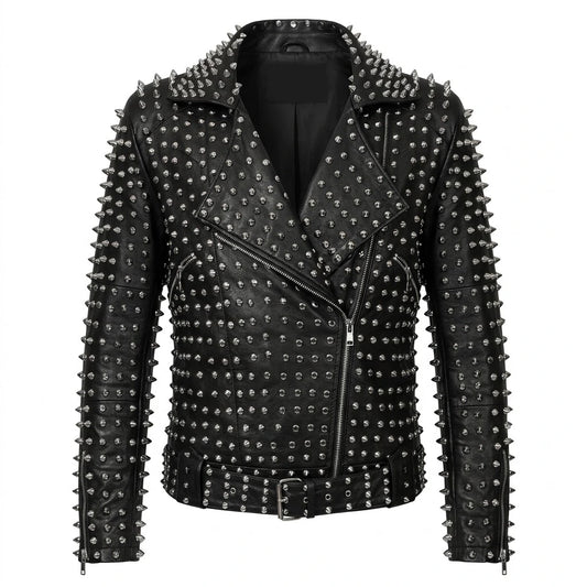 Men’s Full Silver Studded Lambskin Jacket front view featuring genuine black lambskin, full-coverage heavy silver cone spikes, and asymmetric zip