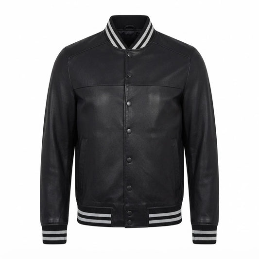 Mens Genuine Leather Varsity Bomber Jacket front view featuring full-grain black leather body, snap buttons, and grey-striped ribbed trim   