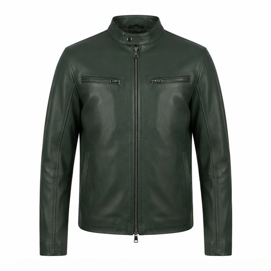 Men’s Green Biker Leather Jacket front view featuring genuine green leather, mandarin snap collar, front zip, chest zip pockets, and side zip pockets   
