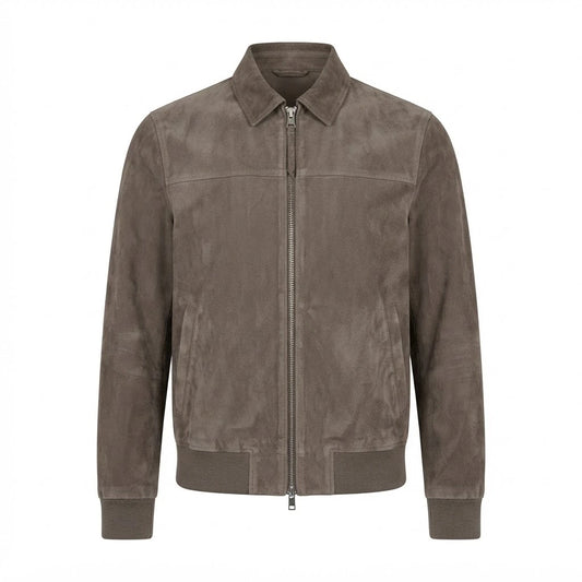 Men’s Grey Suede Bomber Jacket front view featuring genuine grey suede, point collar, two-way metal zipper, and ribbed trim   