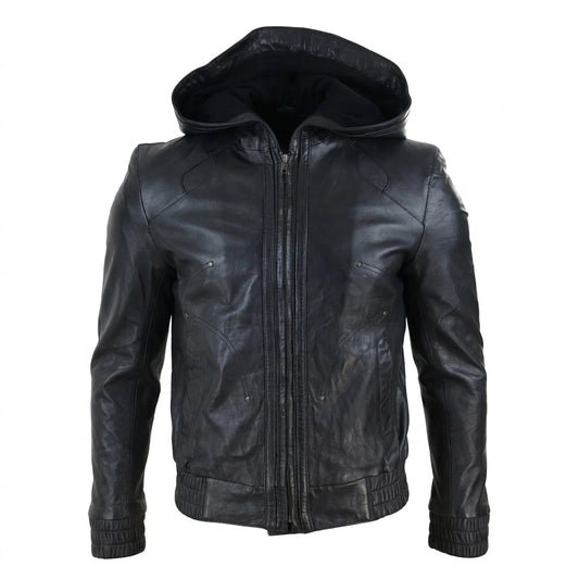 Men’s Hooded Bomber Leather Jacket front view with attached hood and black leather finish