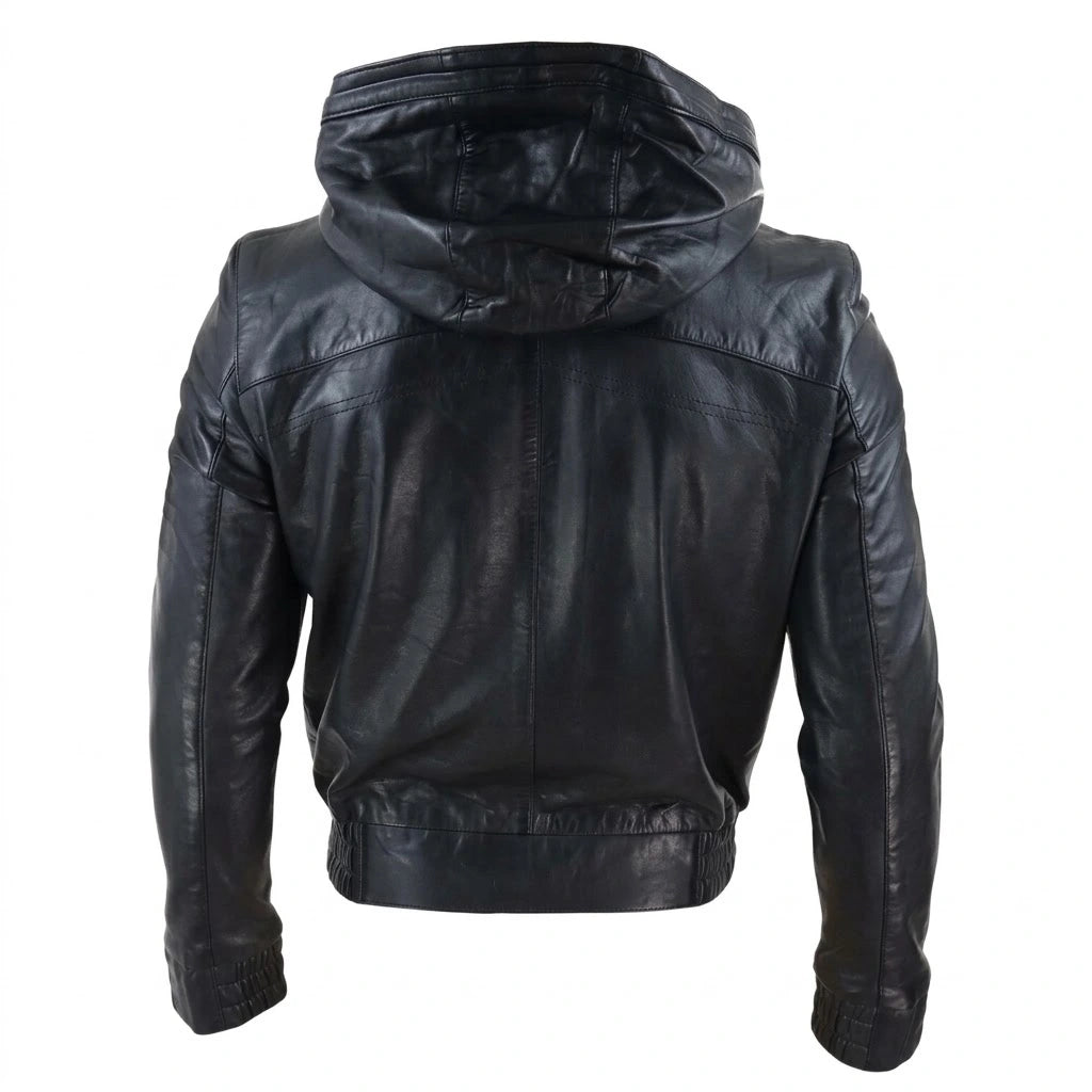 Men’s Hooded Bomber Leather Jacket front view with attached hood and black leather finish