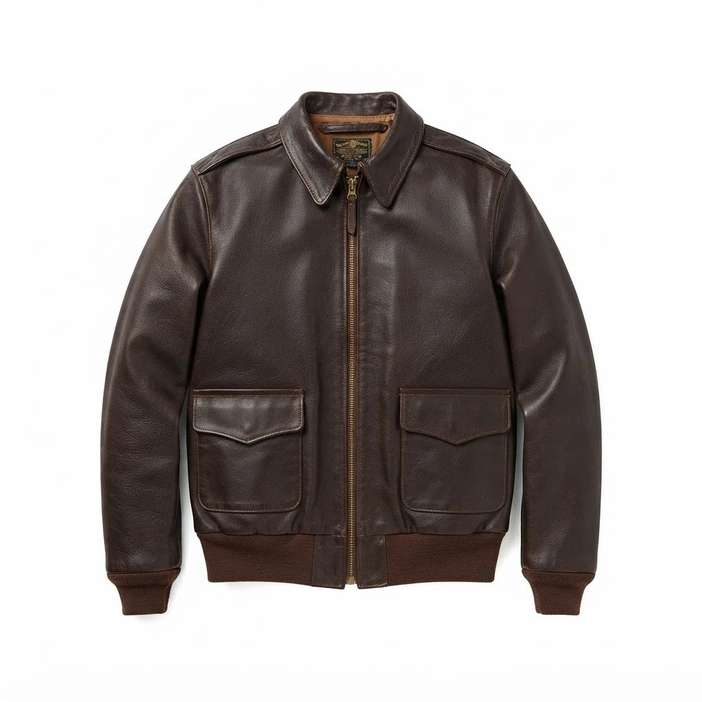 Men’s Horseskin Brown A2 Flying Leather Bomber Jacket front view featuring genuine dark brown horseskin leather, shirt collar, dual patch pockets, and ribbed trim   