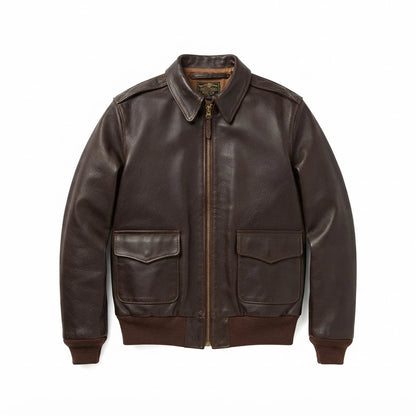 Men’s Horseskin Brown A2 Flying Leather Bomber Jacket front view featuring genuine dark brown horseskin leather, shirt collar, dual patch pockets, and ribbed trim   